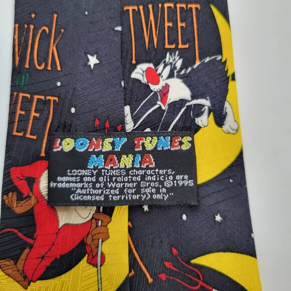 Vintage Looney Tunes Halloween Silk Tie Mummy Daffy Duck Moon Ghost Devil - Picture 6 of 7